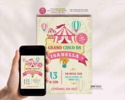 Convite Digital Circo Rosa Vintage Menina Editável #371