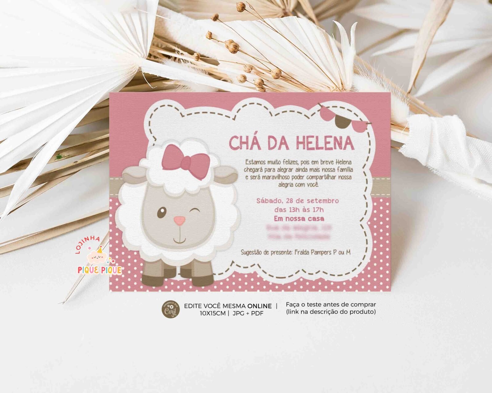Convite Chá de Bebê Ovelhinha Rosa Editável