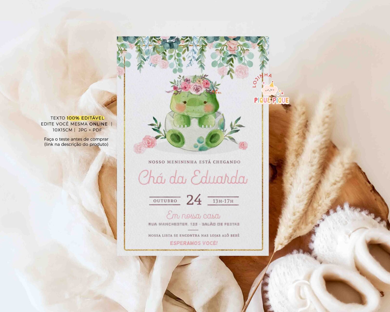 Convite cha de bebê dinossauro menina folhagem clean