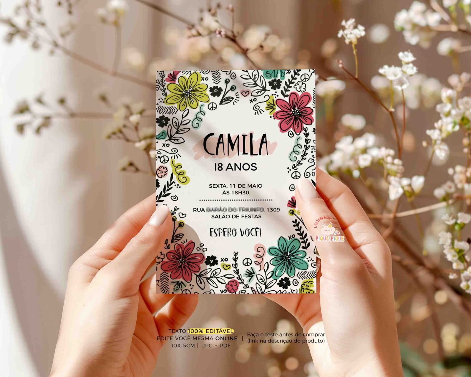 Convite aniversário floral doodle delicado