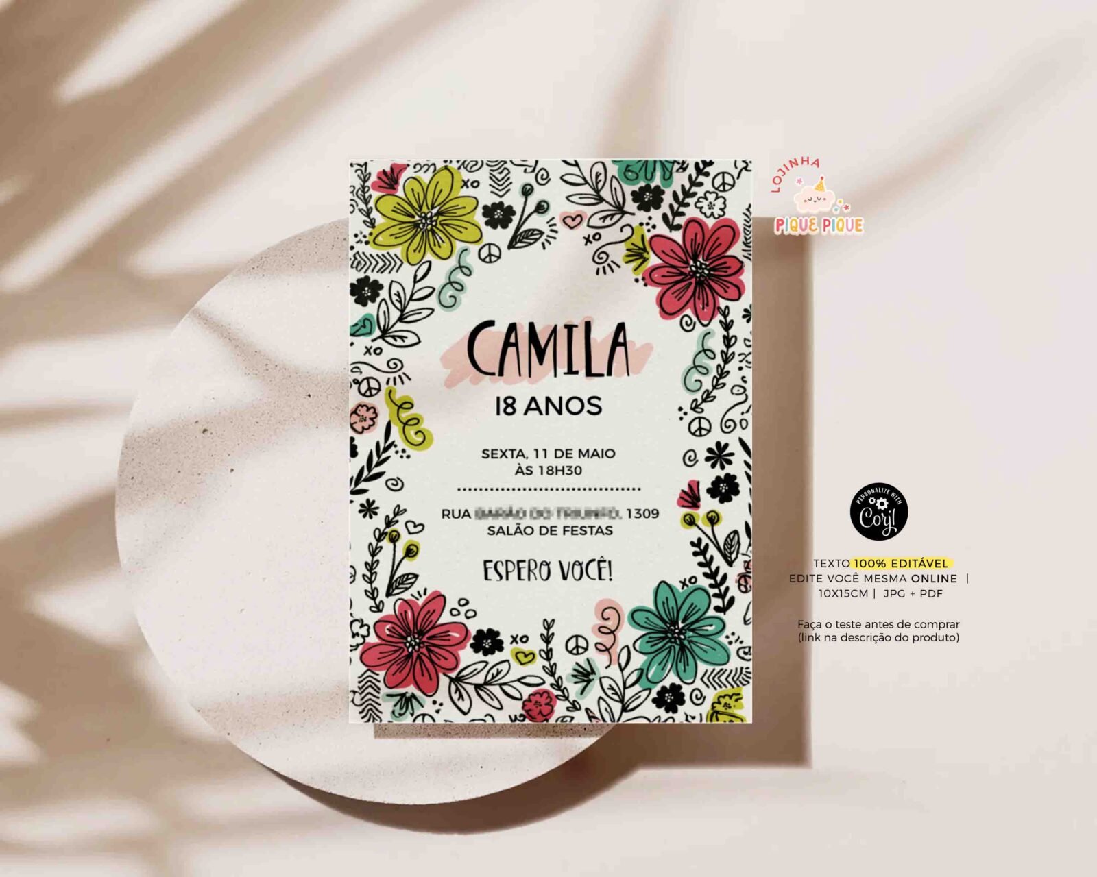 Convite aniversário floral doodle delicado