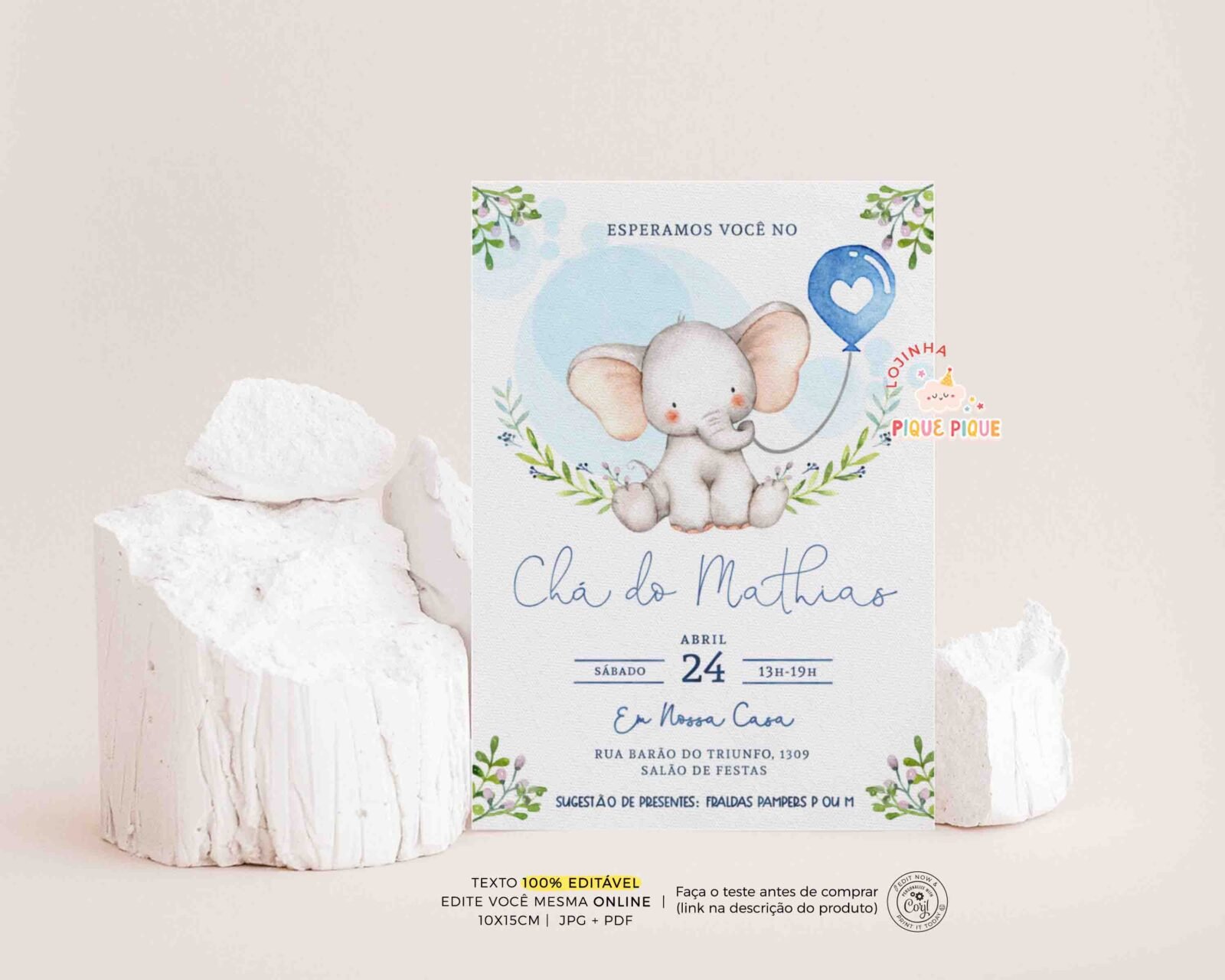 Convite Chá de Bebê Elefante Folhagem