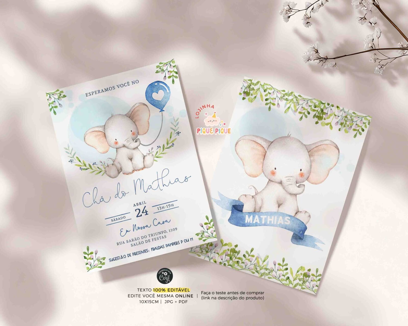 Convite Chá de Bebê Elefante Folhagem