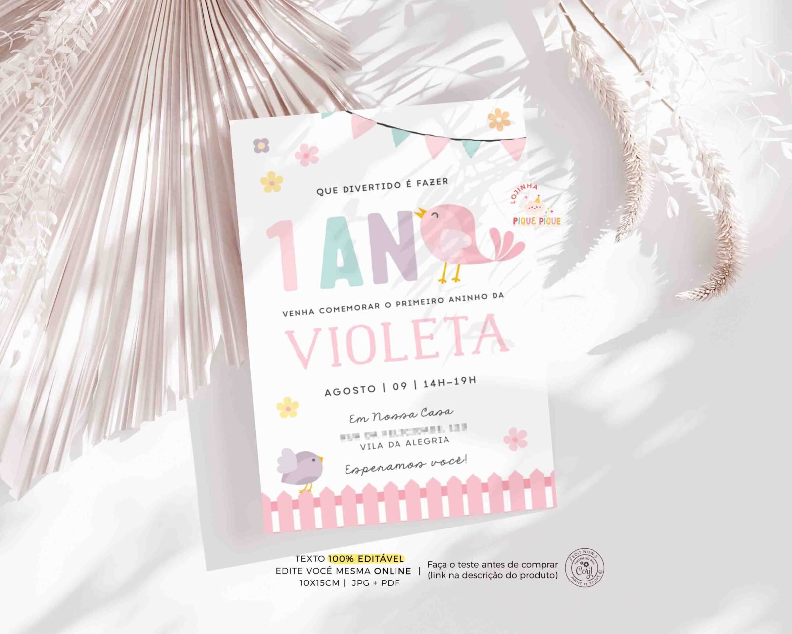Convite Aniversário Passarinho Rosa