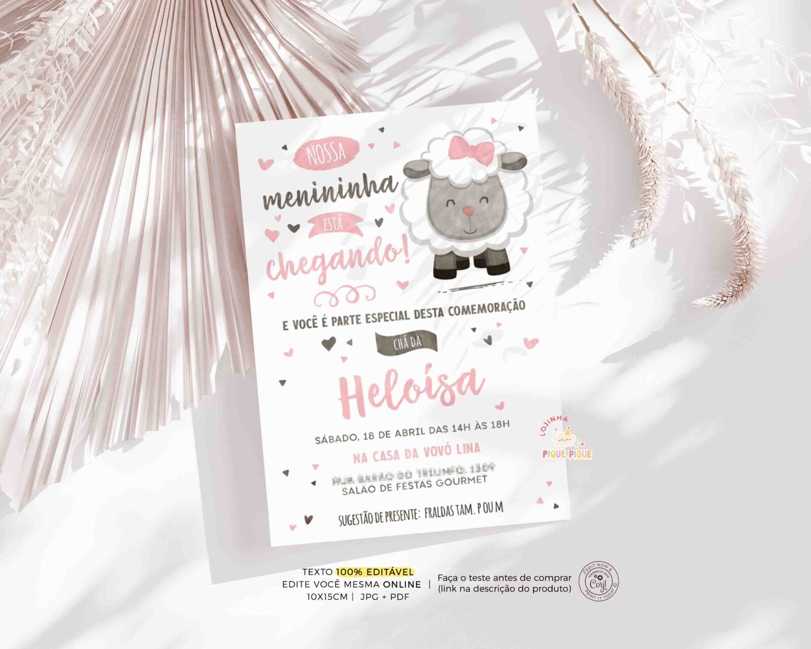 convite chá de bebê ovelhinha Rosa