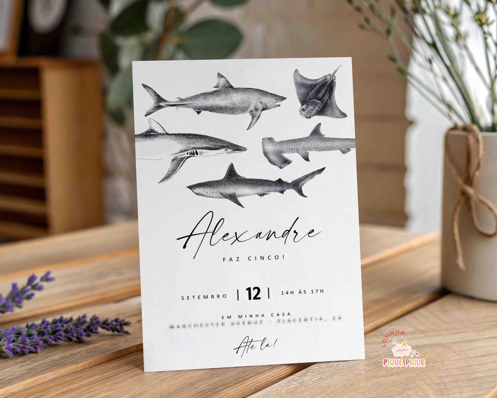Convite de Aniversário Tubarões Minimalista - Image 3