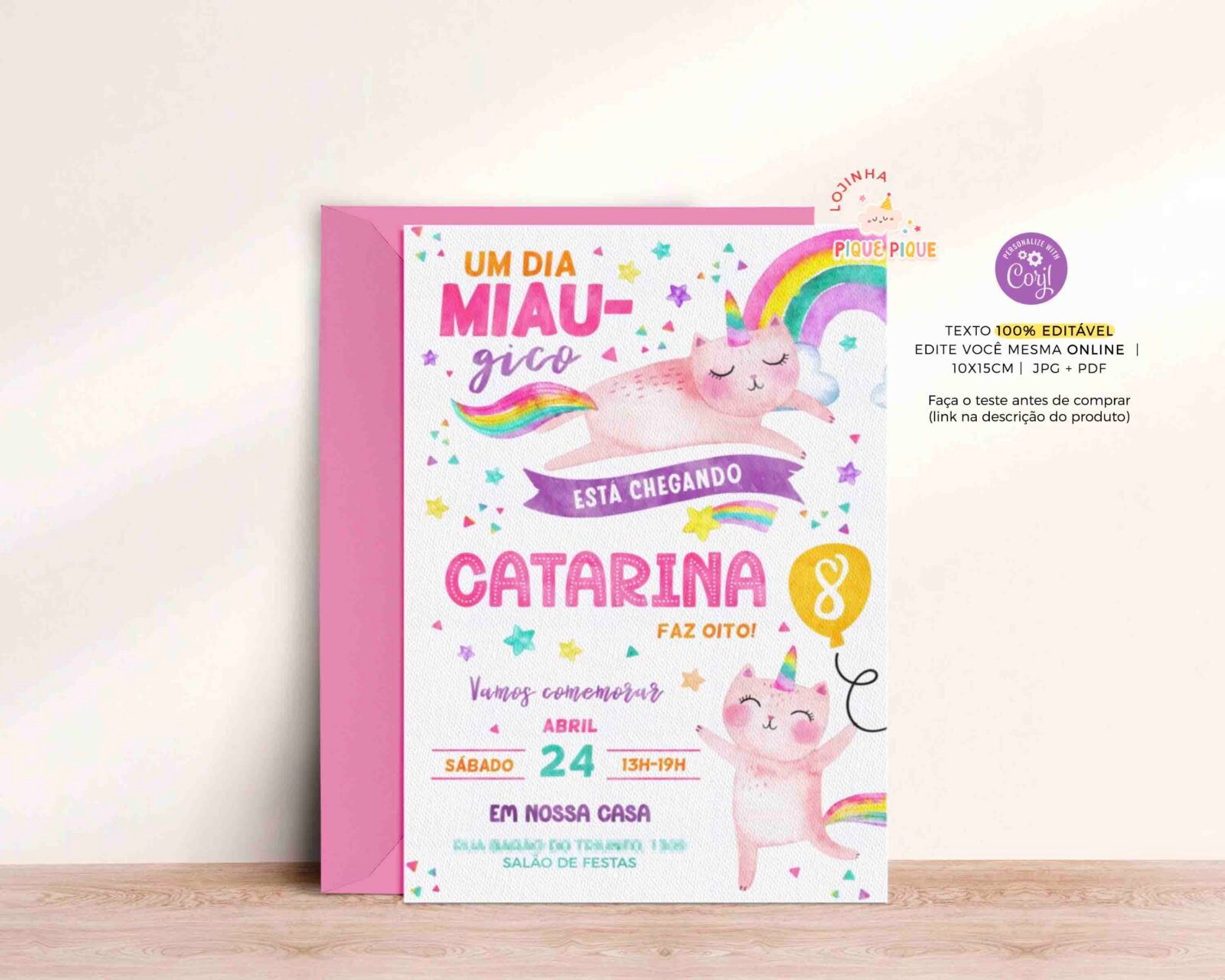 Convite de Aniversário Gato Unicórnio