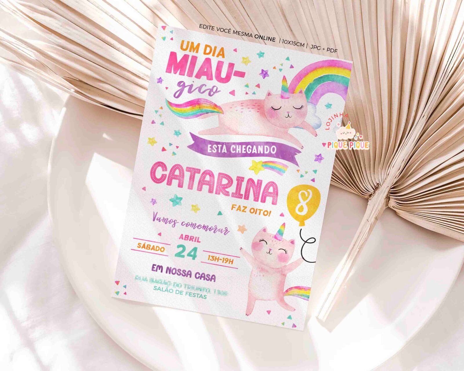 Convite de Aniversário Gato Unicórnio