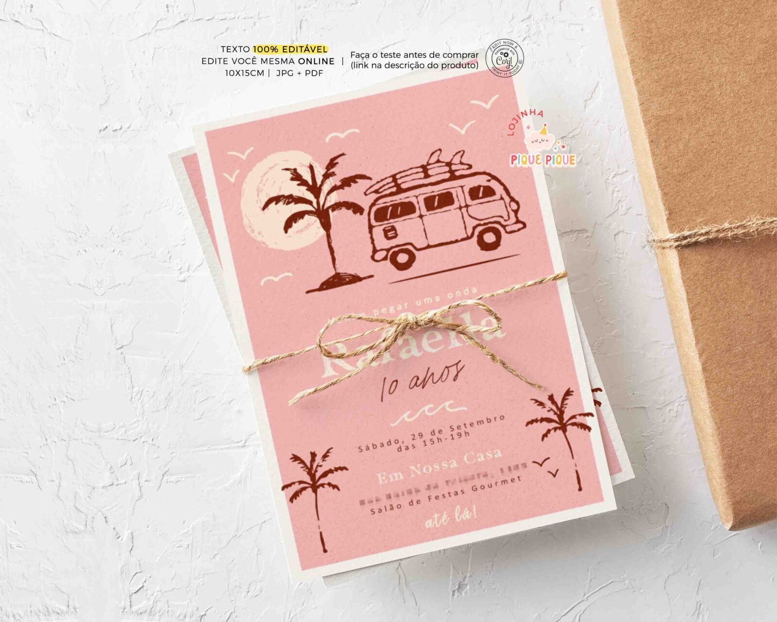convite aniversario surf vintage menina rosa
