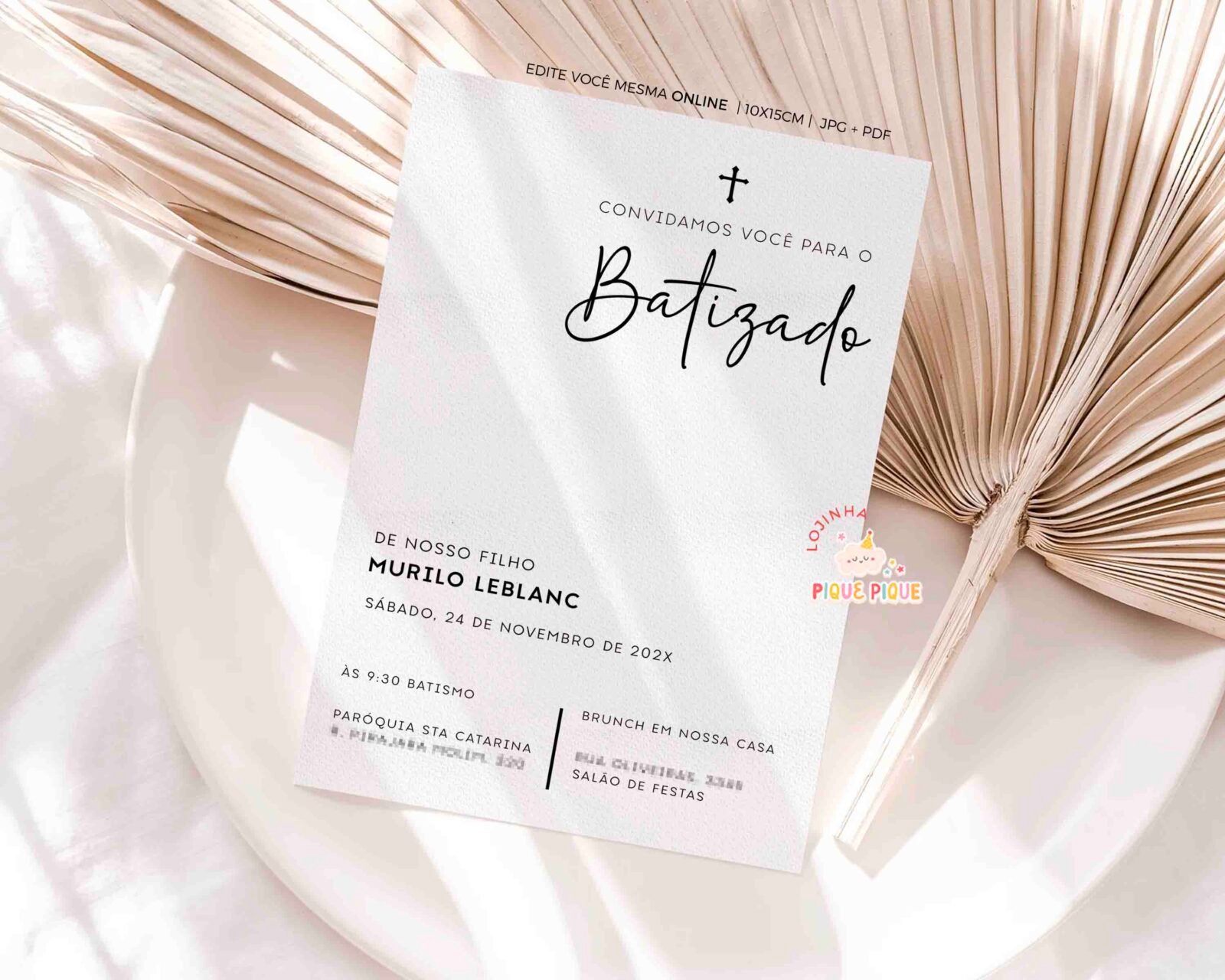 Convite editavel minimalista batizado clean