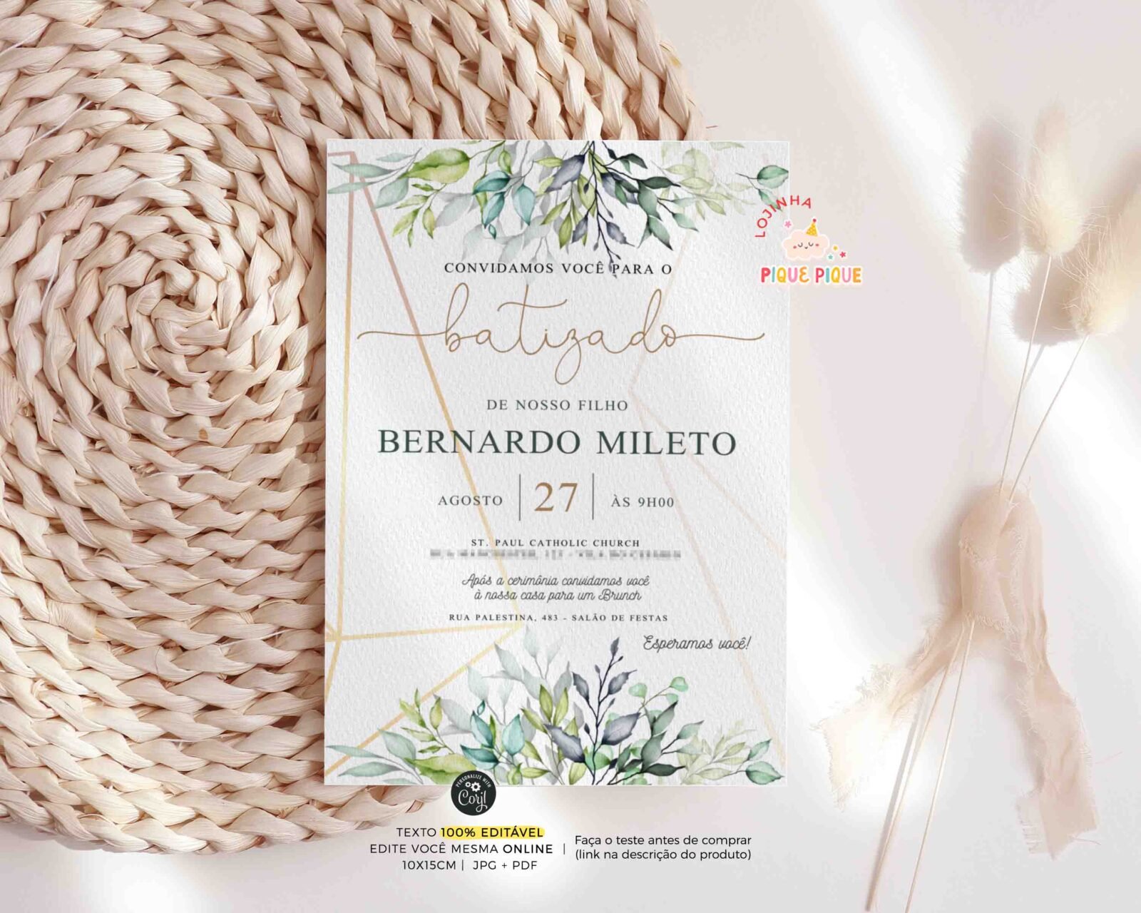 Convite editavel folhagem batizado clean dourado