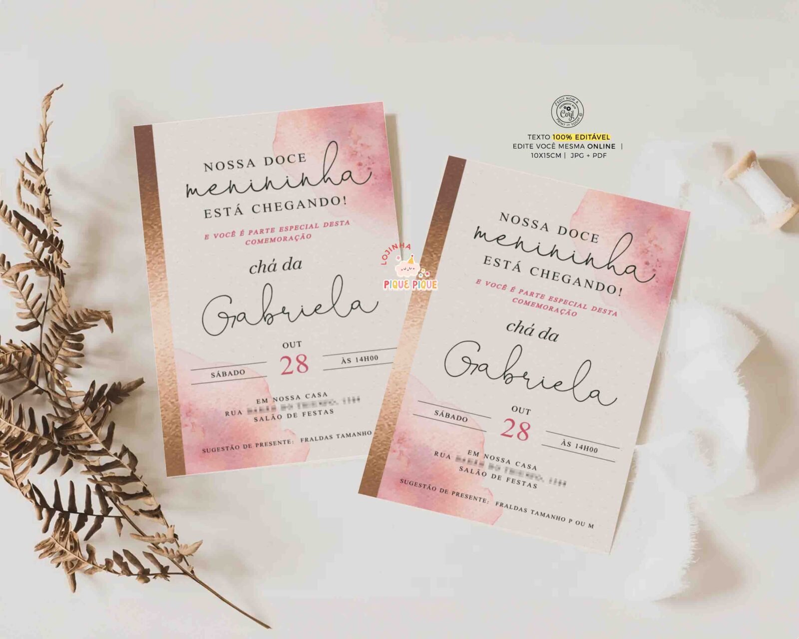 Convite chá de bebê menina rosa e dourado para editar