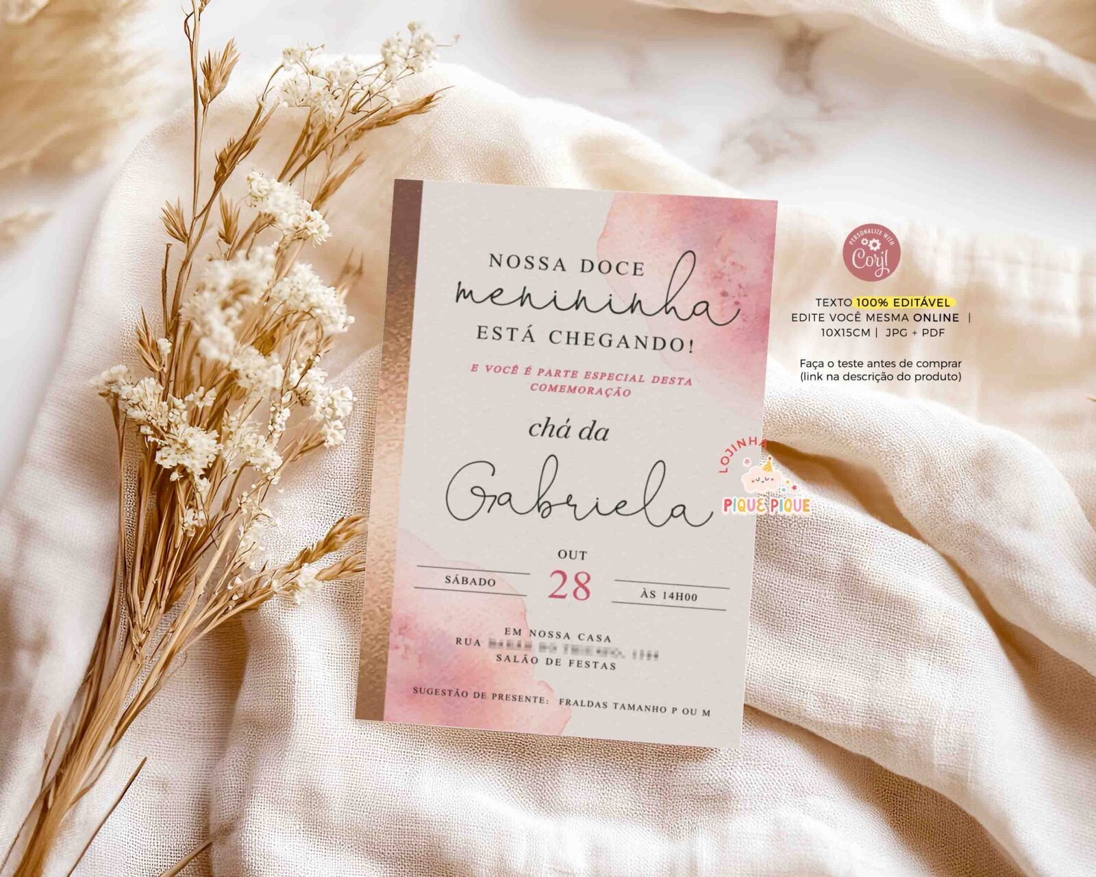 Convite Chá de Bebê Minimalista Rosa e Dourado