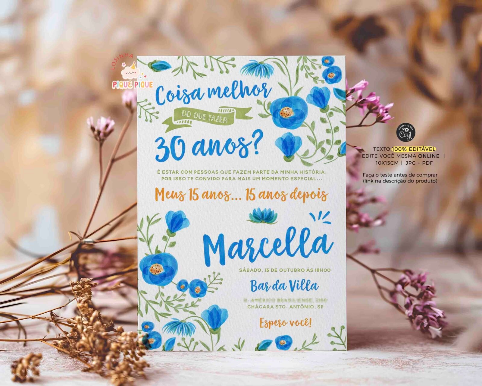 Convite aniversário 30 anos floral azul