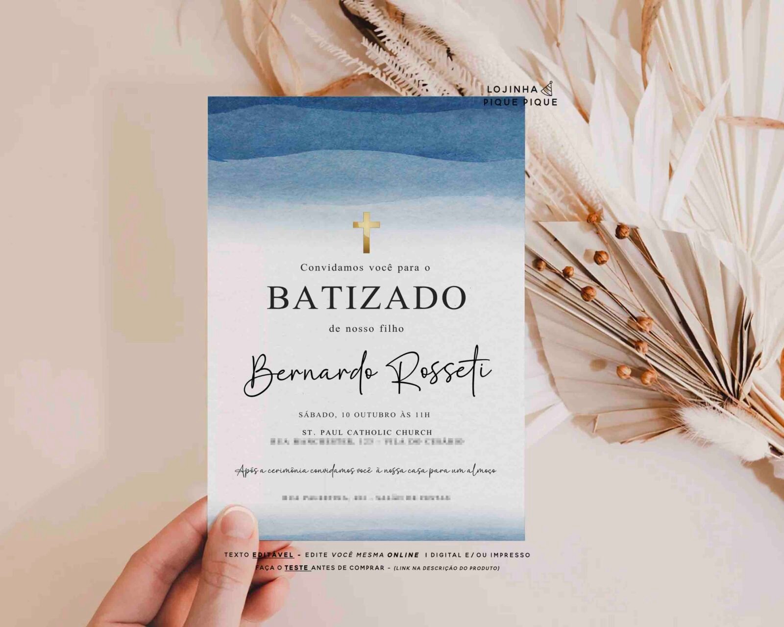 Convite Batizado Menino Aquarela Azul