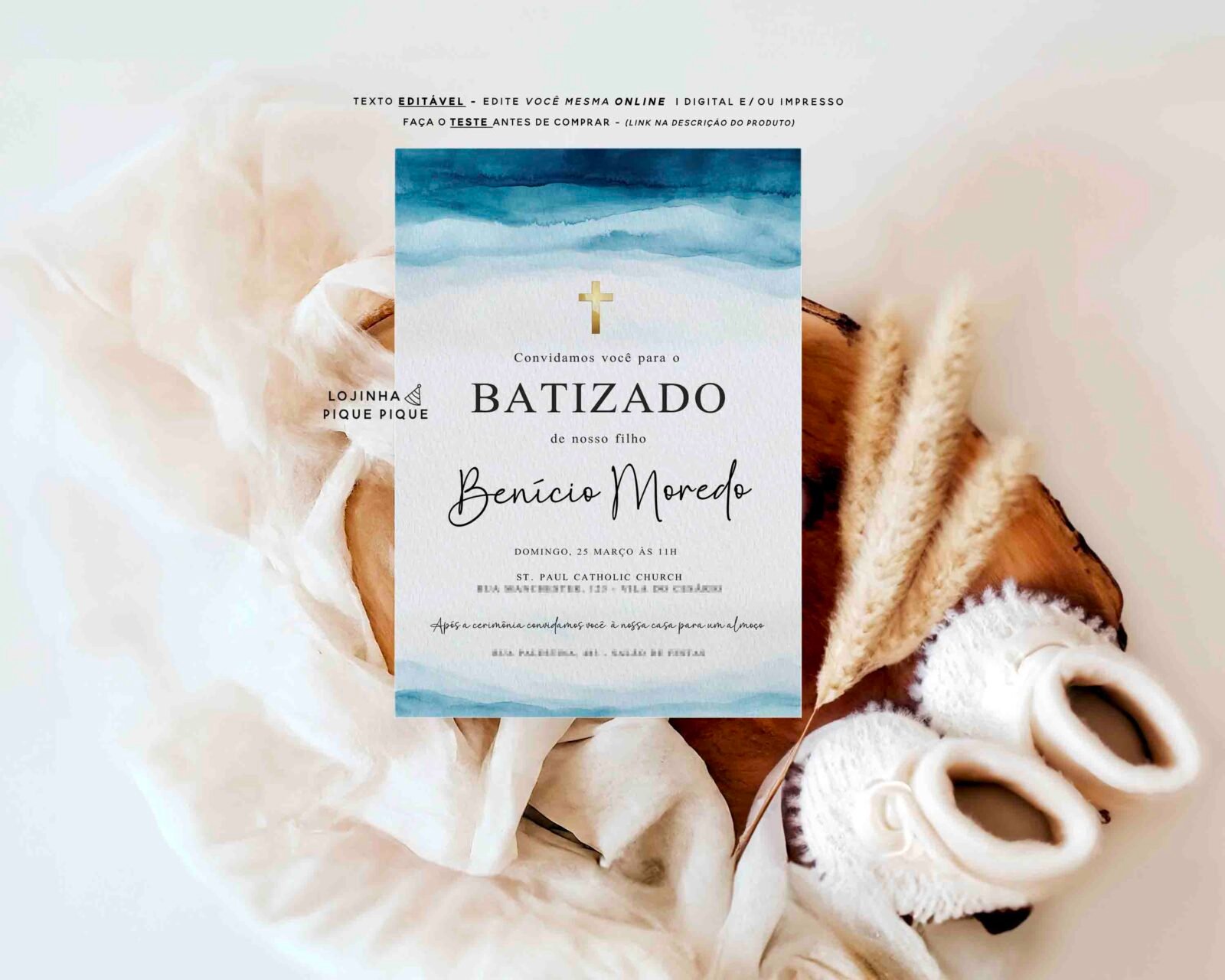 Convite Batizado Menino Aquarela Azul