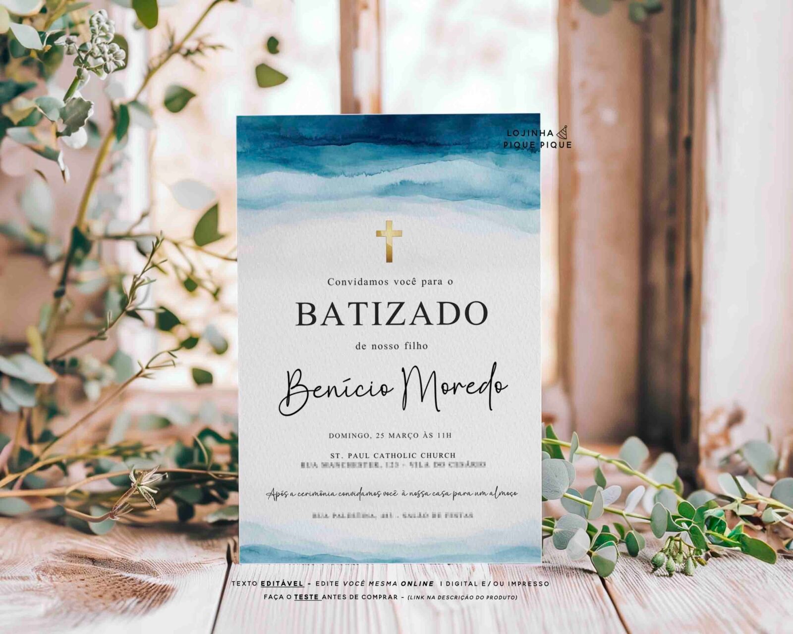 Convite Batizado Menino Aquarela Azul