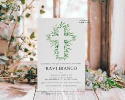 Convite Batizado Minimalista Cruz Folhagem