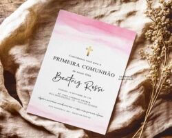 Convite Primeira Comunhão Aquarela rosa
