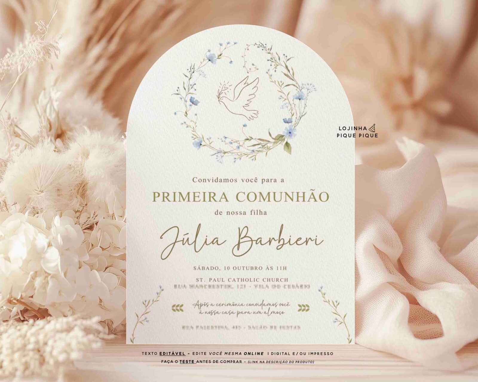 Convite Primeira Comunhão pomba