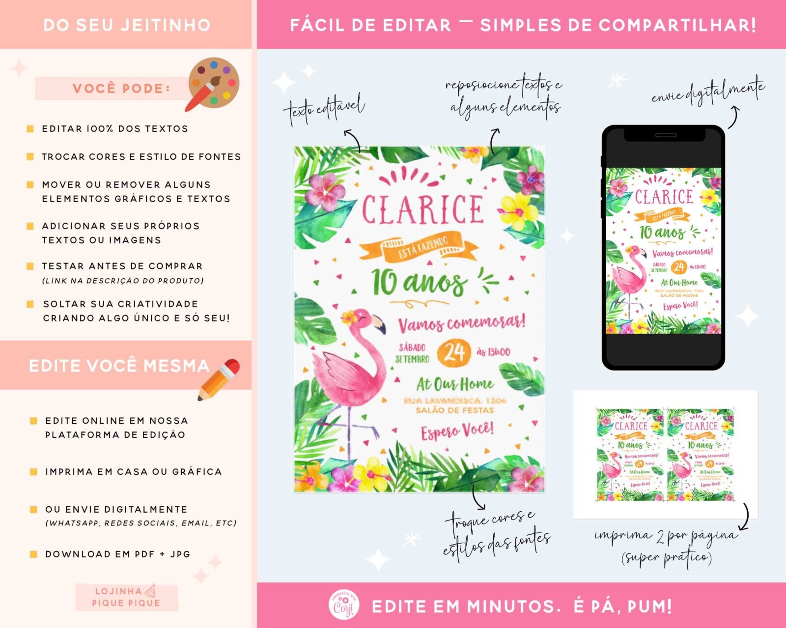 convite aniversário Flamingo Tropical para editar