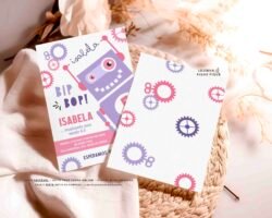 convite aniversario tema robô menina infantil para editar