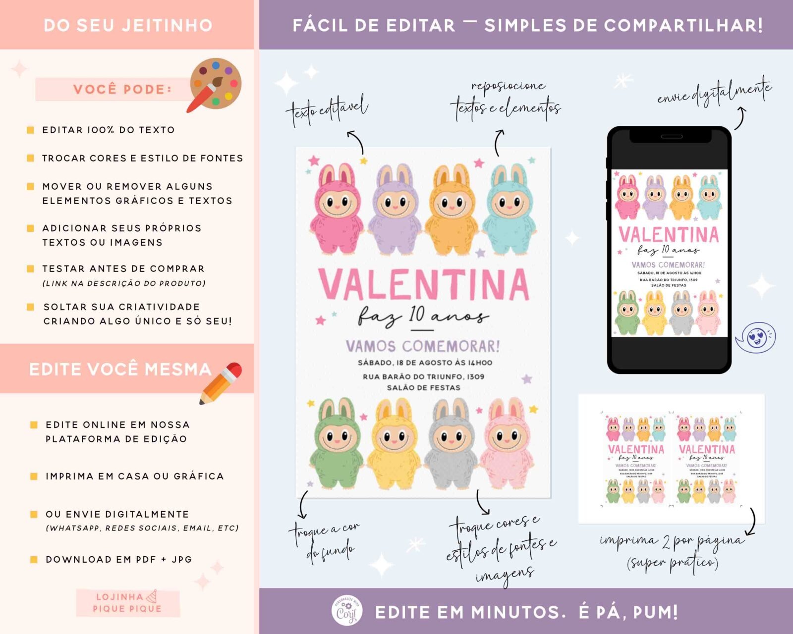 convite aniversario tema labubu para editar