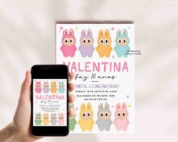 convite aniversario tema labubu para editar